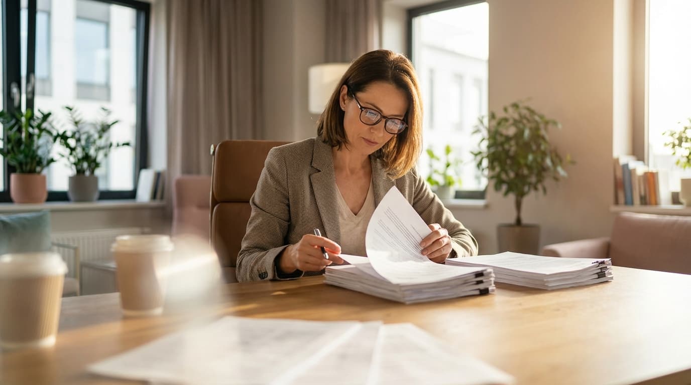 Recruiter reviewing application documents at their desk