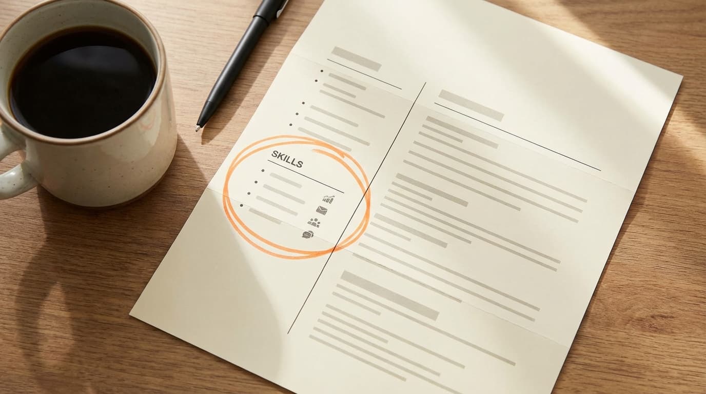 Resume on a desk with the skills section highlighted by a marker
