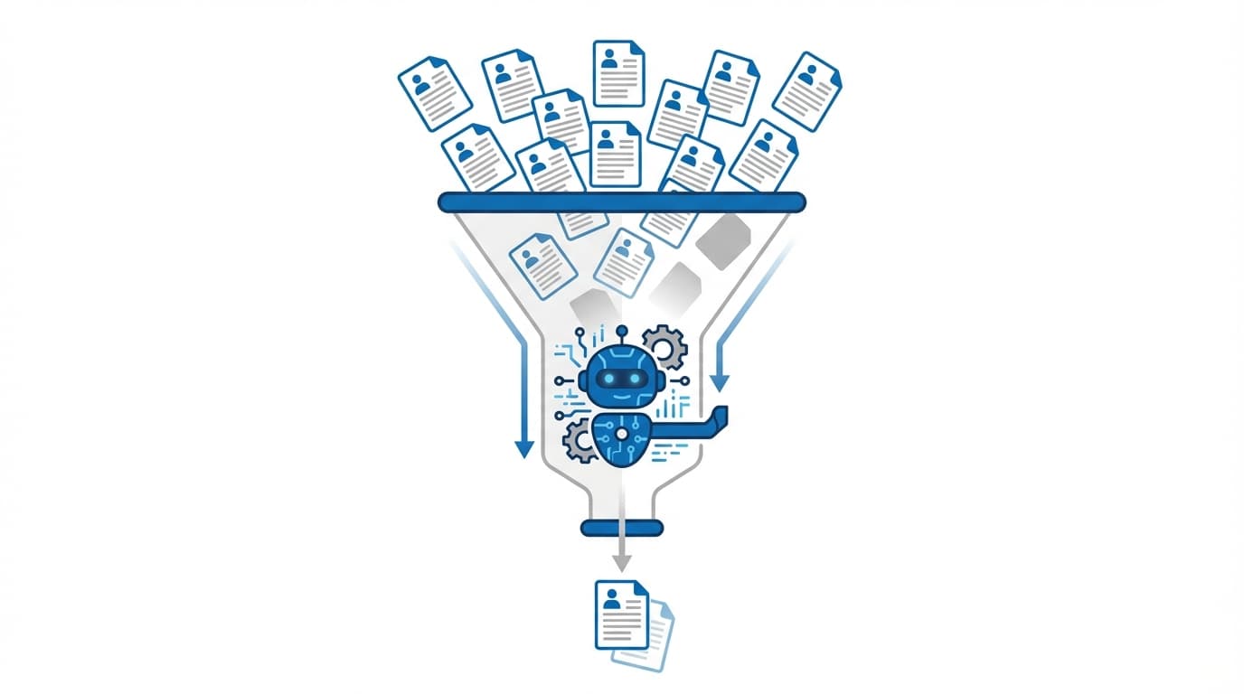 Illustration showing a funnel where many resumes enter but only a few pass through ATS filtering
