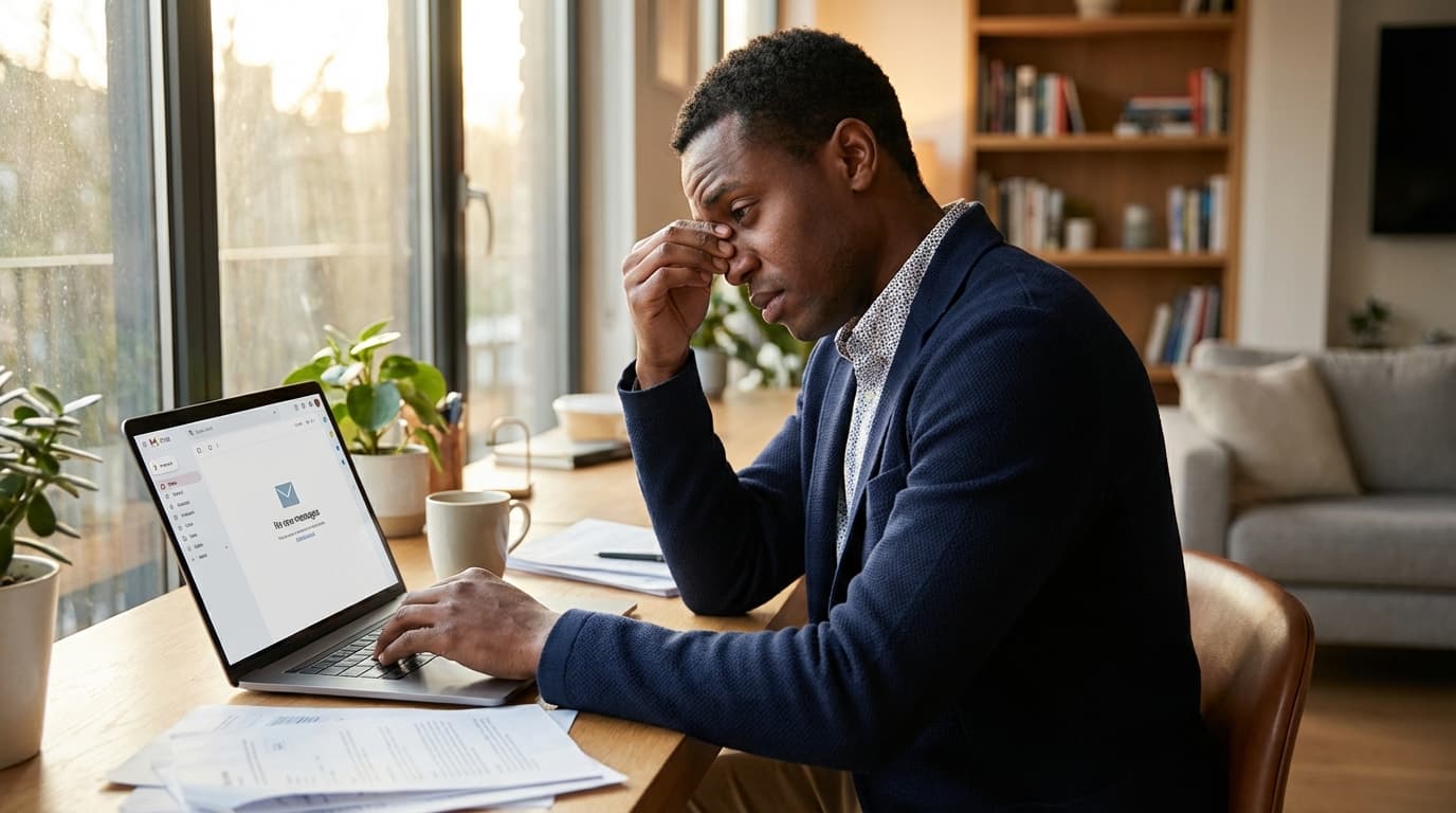 Job seeker sitting at a desk, scrolling through an empty inbox after sending dozens of applications