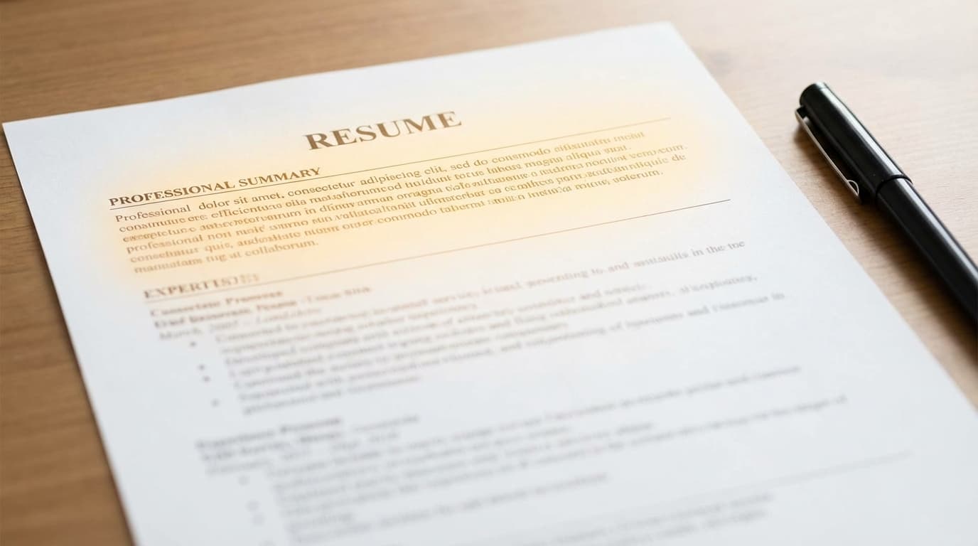 Close-up of a resume with the professional summary section highlighted