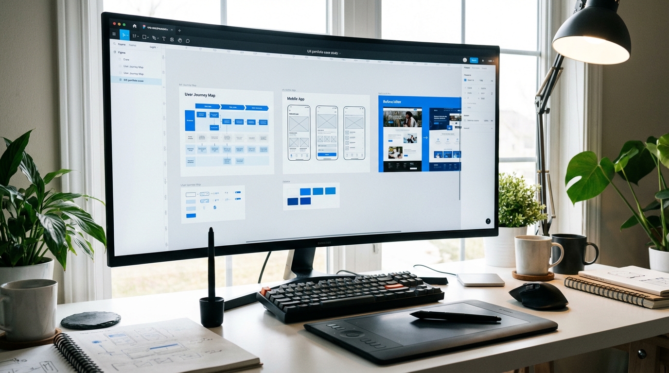Large monitor showing a Figma portfolio case study with wireframes and user journey maps