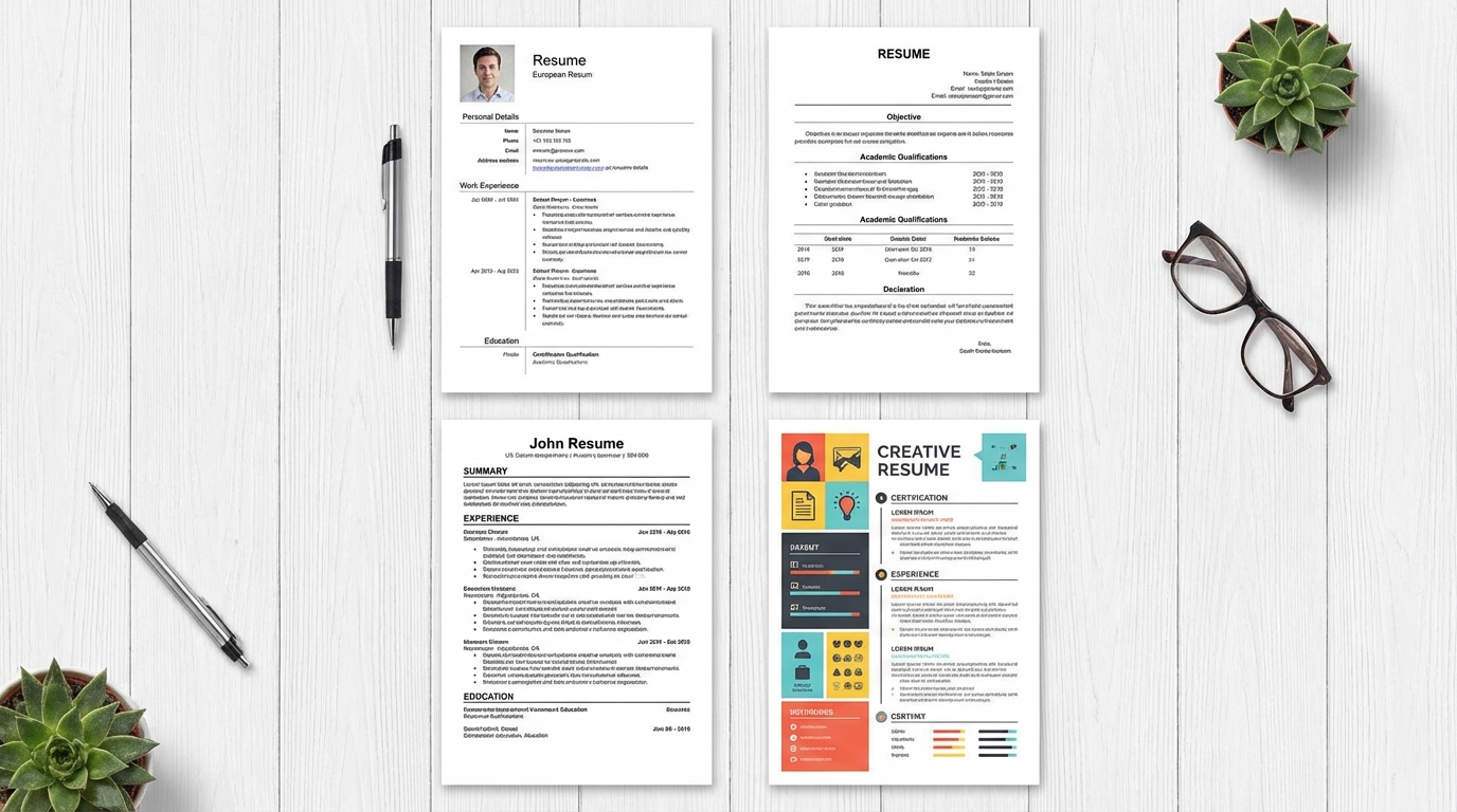 Four different resume formats from different countries laid side by side on a desk