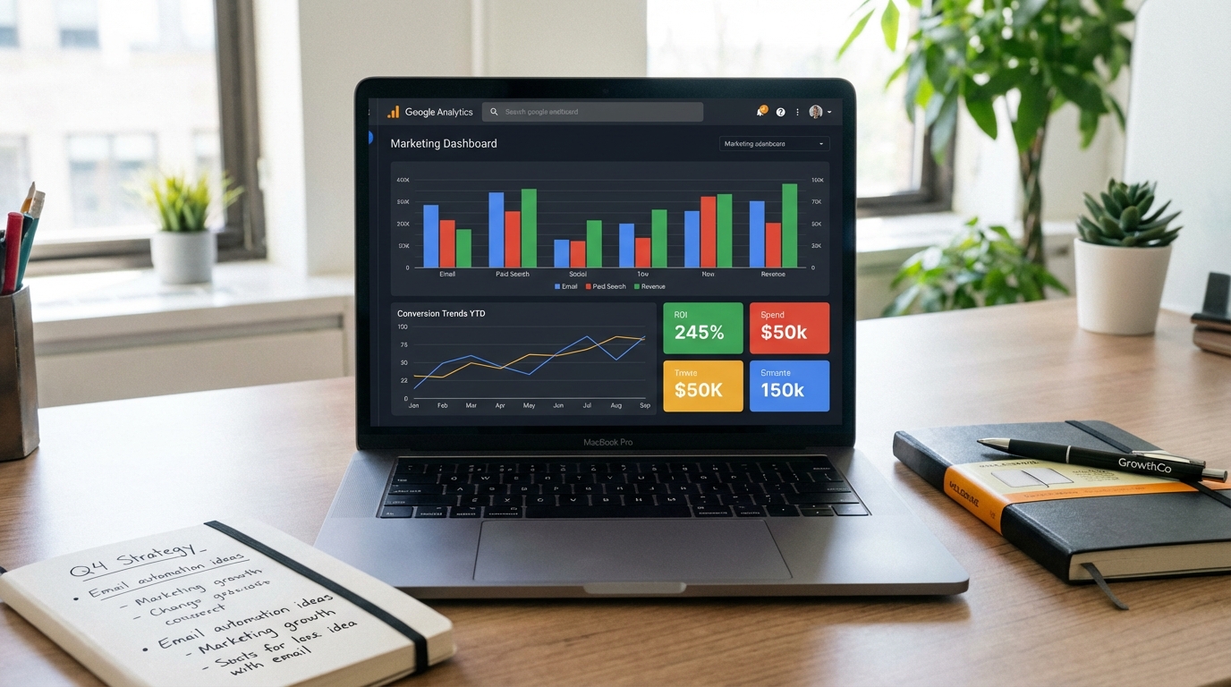 Marketing analytics dashboard comparing channel performance with conversion trends