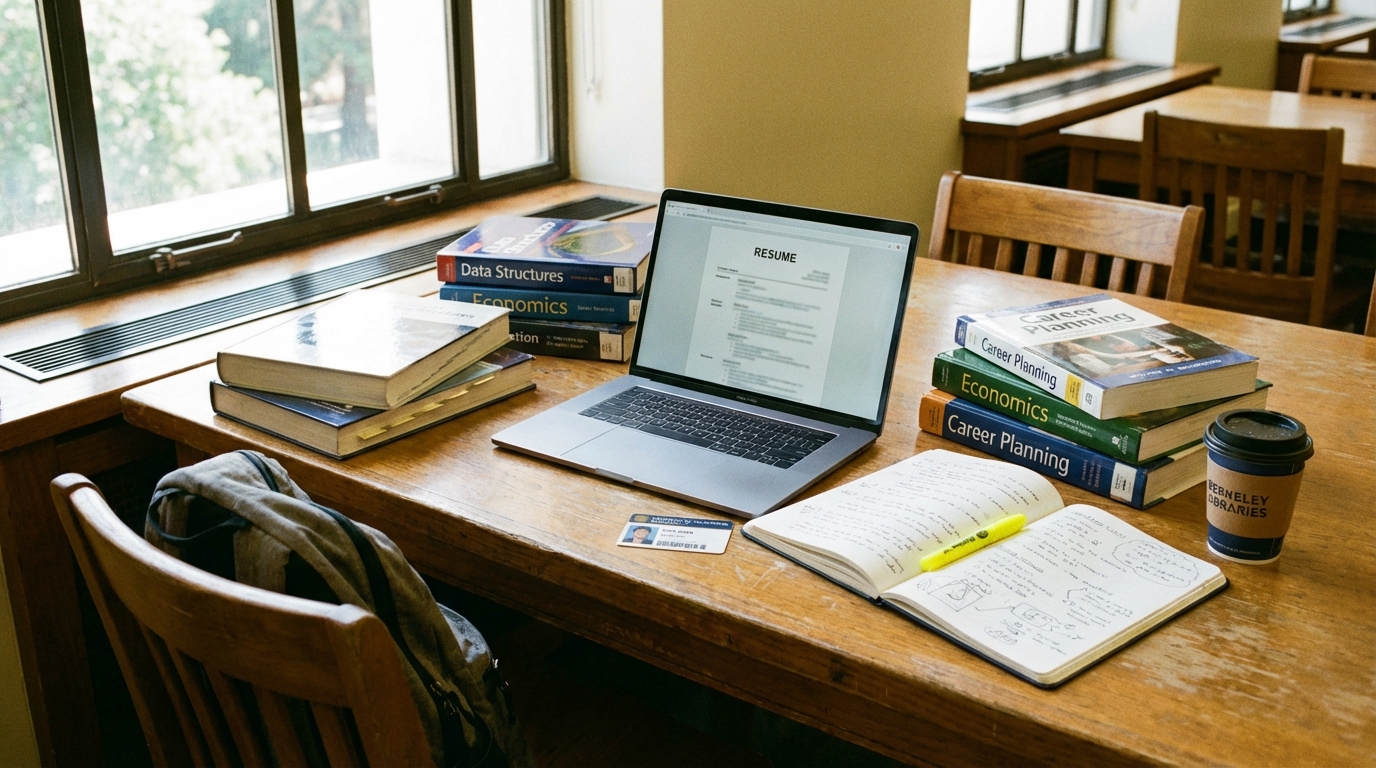 College library desk with laptop showing a resume, surrounded by textbooks and notes