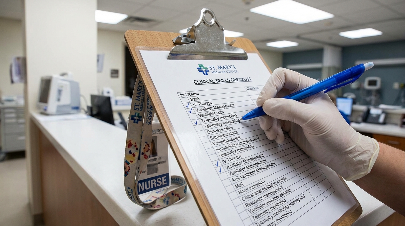 Clinical skills checklist on a clipboard with checkmarks next to nursing competencies