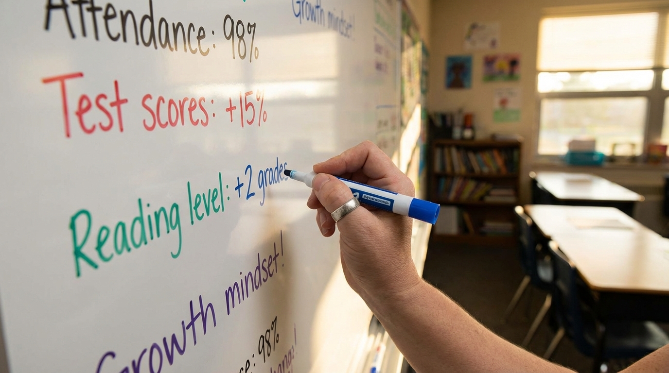 Teacher writing student achievement data and test score improvements on a whiteboard